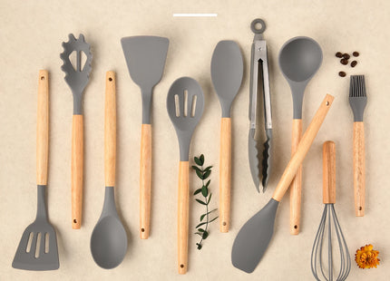 Non-Stick Silicon 12 Pcs Heat Resistant Wooden Handle Kitchen Cooking Utensils Set, Gray Color