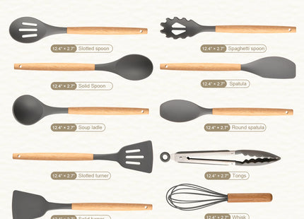 Non-Stick Silicon 12 Pcs Heat Resistant Wooden Handle Kitchen Cooking Utensils Set, Gray Color