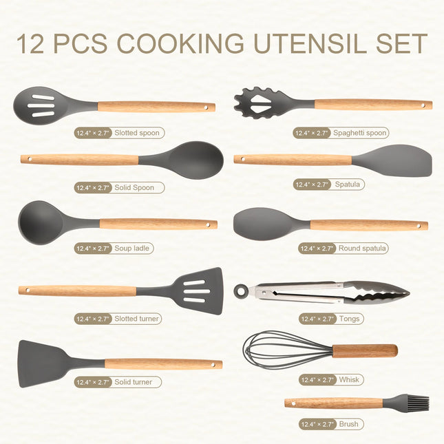 Non-Stick Silicon 12 Pcs Heat Resistant Wooden Handle Kitchen Cooking Utensils Set, Gray Color