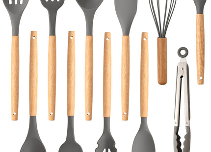 Non-Stick Silicon 12 Pcs Heat Resistant Wooden Handle Kitchen Cooking Utensils Set, Gray Color