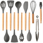 Non-Stick Silicon 12 Pcs Heat Resistant Wooden Handle Kitchen Cooking Utensils Set, Gray Color