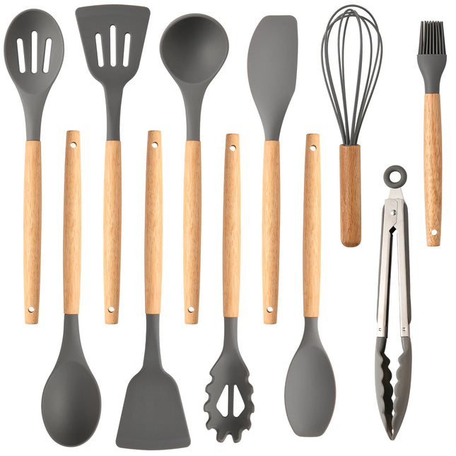 Non-Stick Silicon 12 Pcs Heat Resistant Wooden Handle Kitchen Cooking Utensils Set, Gray Color