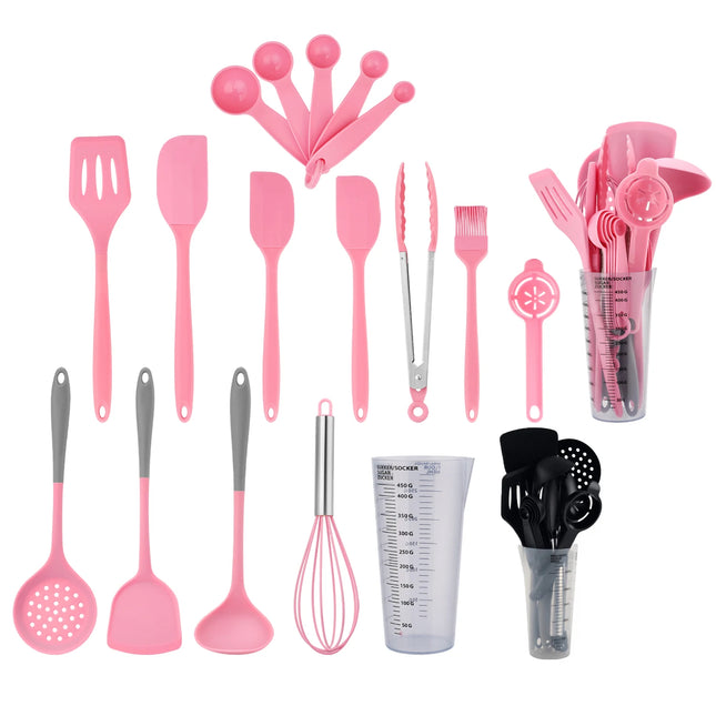 2026 New Silicone Kitchen Utensils Set with Measuring Storage Cup Kitchen Baking Set 17pcs Cooking Spatula Set for Women Gift
