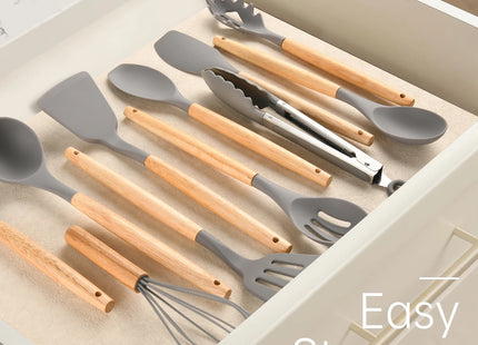 Non-Stick Silicon 12 Pcs Heat Resistant Wooden Handle Kitchen Cooking Utensils Set, Gray Color