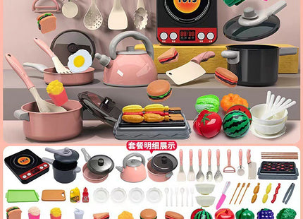 Cross-border simulation kitchenette cooking kitchenware suit fruit cutting music girls play house toys induction cooker cooking