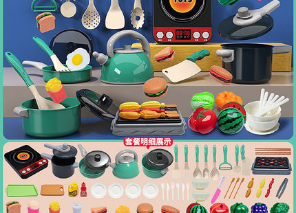 Cross-border simulation kitchenette cooking kitchenware suit fruit cutting music girls play house toys induction cooker cooking