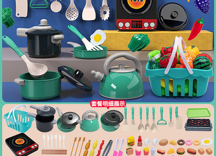 Cross-border simulation kitchenette cooking kitchenware suit fruit cutting music girls play house toys induction cooker cooking