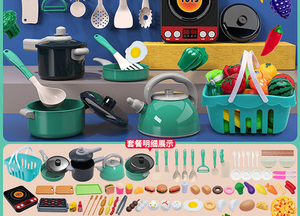 Cross-border simulation kitchenette cooking kitchenware suit fruit cutting music girls play house toys induction cooker cooking