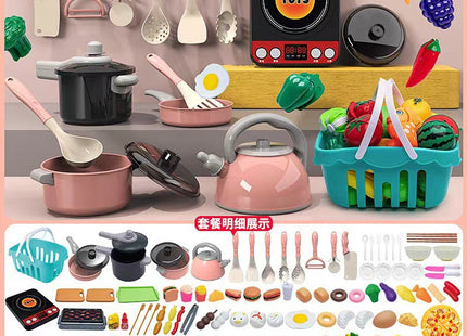 Cross-border simulation kitchenette cooking kitchenware suit fruit cutting music girls play house toys induction cooker cooking