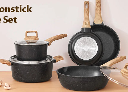 Induction Hob Pans Set 10pcs, Pots and Pans Set Non Stick, Kitchen Cookware Sets with Lids，Granite，PFAS-Free