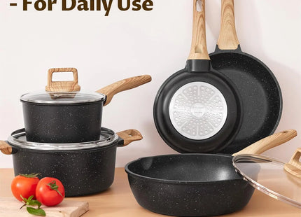 Induction Hob Pans Set 10pcs, Pots and Pans Set Non Stick, Kitchen Cookware Sets with Lids，Granite，PFAS-Free
