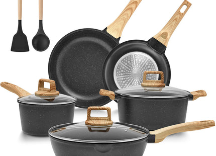 Induction Hob Pans Set 10pcs, Pots and Pans Set Non Stick, Kitchen Cookware Sets with Lids，Granite，PFAS-Free
