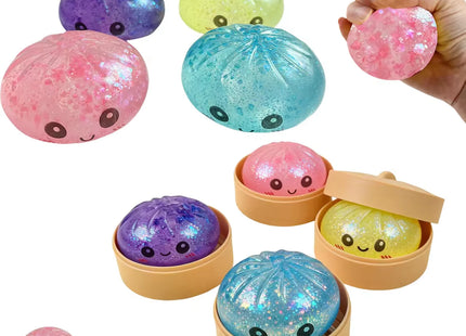 Steamed Bun Squeeze Toy Simulation Bao Stress Relief Fidget Toy with Beads Sparkles Soft Squishy Sensory Decompression Accessory