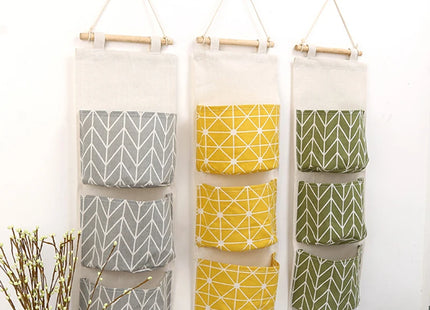1PC Three Pockets Hanging Wall Storage Bag Household Bedroom Living Room Kitchen Cotton Linen Storage Bag