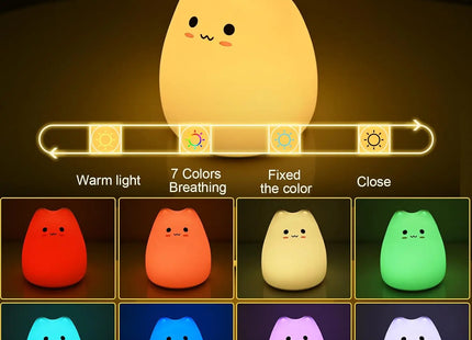 Cute Cat Night Light RGB Color Changing Nursery Nightlights with Warm White and 7-Color Breathing Modes For Kids Baby Children