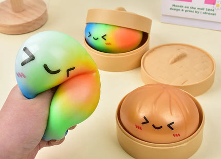 Rainbow Color Dumpling Squishy Toy with Bamboo Slow Rising Stress Relief Fidget Ball Soft Squeeze Toys for Adults & Kids