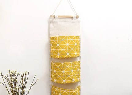 1PC Three Pockets Hanging Wall Storage Bag Household Bedroom Living Room Kitchen Cotton Linen Storage Bag