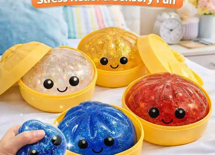 Steamed Bun Squeeze Toy Simulation Bao Stress Relief Fidget Toy with Beads Sparkles Soft Squishy Sensory Decompression Accessory