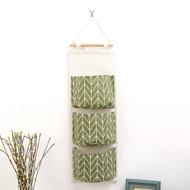 1PC Three Pockets Hanging Wall Storage Bag Household Bedroom Living Room Kitchen Cotton Linen Storage Bag
