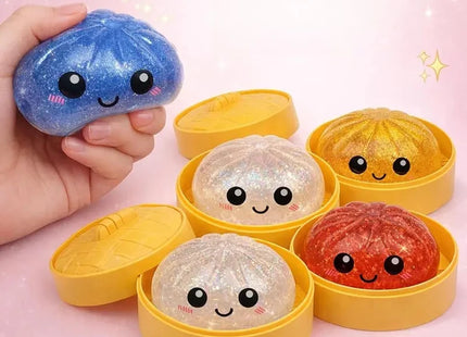 Steamed Bun Squeeze Toy Simulation Bao Stress Relief Fidget Toy with Beads Sparkles Soft Squishy Sensory Decompression Accessory
