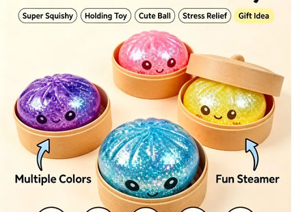 Steamed Bun Squeeze Toy Simulation Bao Stress Relief Fidget Toy with Beads Sparkles Soft Squishy Sensory Decompression Accessory